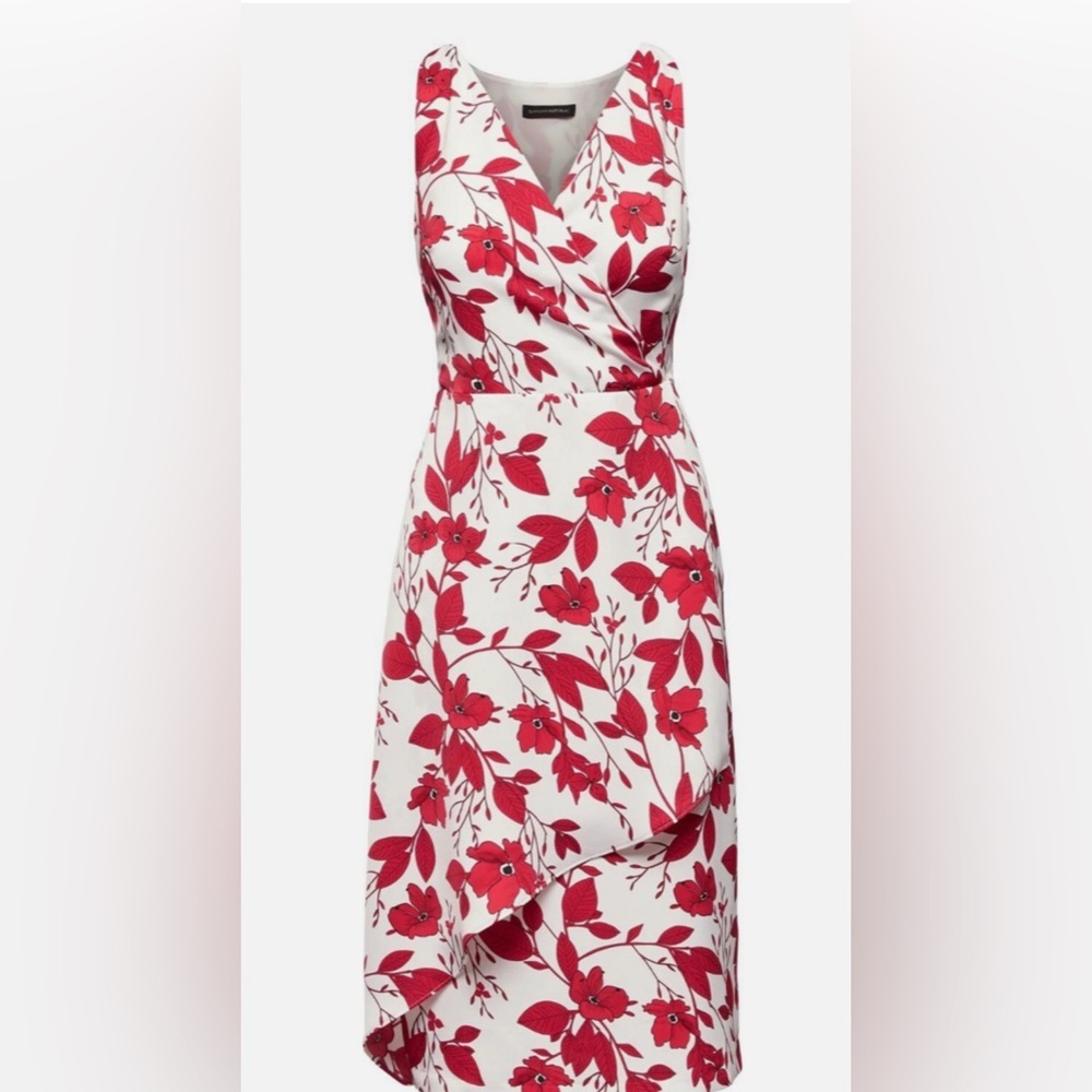 Banana Republic Dress Red and White Floral Leaf Faux Crossover  Size 4 NWT